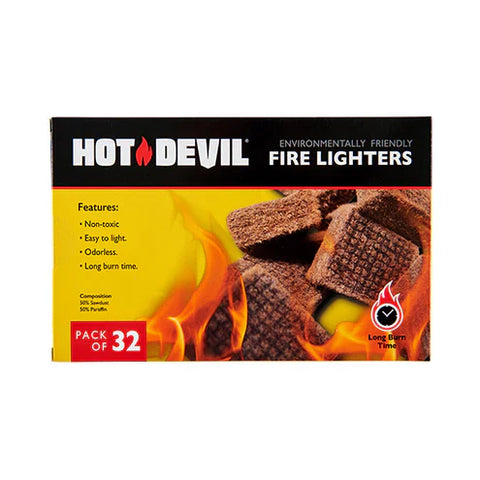 Hot Devil Fire Starters & Matches pack of 32, environmentally friendly fire lighters with long burn time.